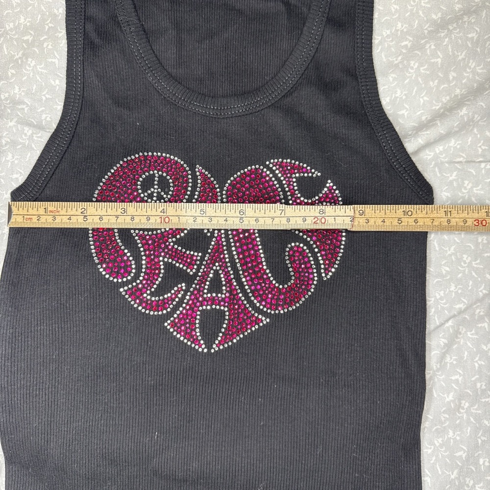 Black Ribbed Tank Top Pink Rhinestone Heart Monogram - Size M | - Picture 4 of 6